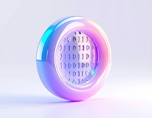 Iridescent sphere with binary code center, soft lighting, futuristic feel