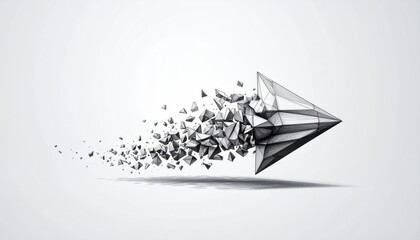 Digital arrow disintegrating into fragments against a clean white background