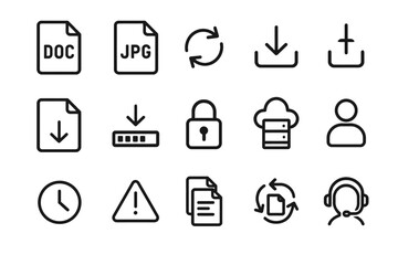 Set of file and cloud icons including download, sync, and security symbols
