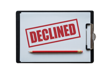 Declined Stamp on Clipboard with Red Pencil in Studio Lighting on White Background for Business Rejection