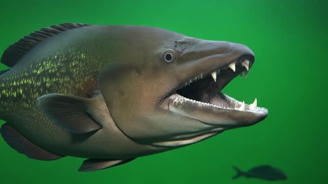 Close-up of a large gulper eel with its mouth open, against a green screen background