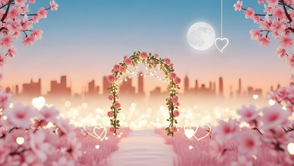 Romantic cherry blossom arch in cityscape