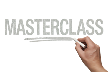 Hand writing MASTERCLASS text in modern gray font with soft white lighting on transparent background for education