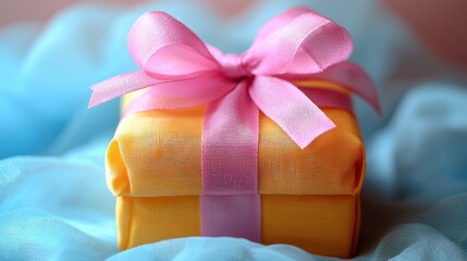 Close-up shot of a golden, wrapped present with a pink bow, set against a blue backdrop