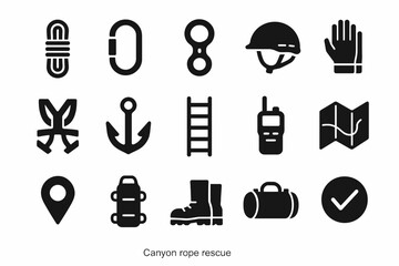Canyon rope rescue icons: gear, safety, navigation, communication