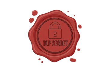 Red wax seal with top secret padlock in dark red color on white background for confidentiality symbol