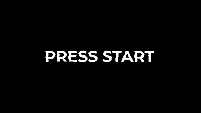 Press start glitch retro gaming video game screen suitable for video game intros, retro themed content, arcade simulations, or digital projects needing a vintage start prompt.