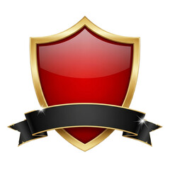 Red Shield Badge with Black Ribbon and Gold Border Isolated on White Background
