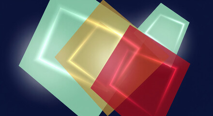 Vibrant glowing rectangles in red, gold, and green on dark background