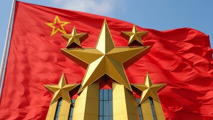 golden stars monument with waving red national flag background for news articles, government websites, patriotic posters and historical education, with copy space