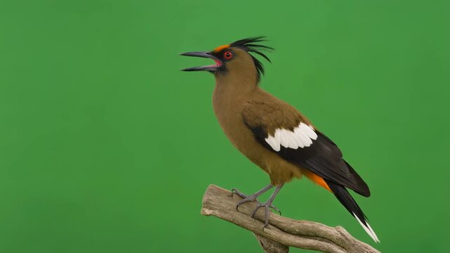 Medium shot of a Wallace's standardwing bird calling from a branch