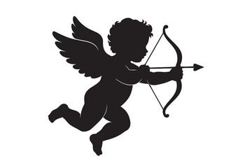 Black silhouette of cupid with bow and arrow, symbolizing love and romance