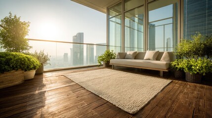 Naklejka premium Modern balcony with city view featuring sofa plants and sunlight