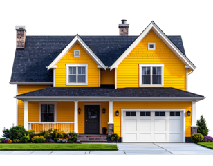 A bright yellow two-story house featuring a gabled roof, attached garage, and welcomi 