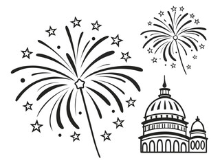 Minimal Fireworks Line Art Icons in Black and White &ndash; Modern Celebration Vector Set