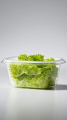 Plastic food container with green salad, healthy meal prep concept