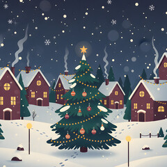 Fototapeta premium Digital illustration of a charming winter village at night. Decorated Christmas tree, snow-covered houses, and falling snow create a festive holiday scene under a starry sky