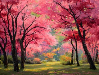 Fototapeta premium Vibrant pink foliage illuminates a sunny woodland clearing during the spring season