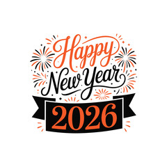 Happy New Year 2026 Festive Typography with Fireworks and Ribbon Banner