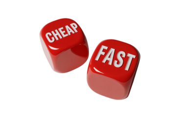 Red dice with white text in close-up shot with bold font for marketing