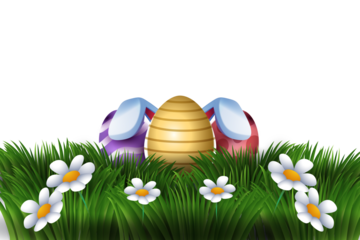 Colorful easter eggs with bunny ears hidden in vibrant green grass and white daisies isolated on transparent background