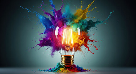 A clear glass light bulb with glowing filament is covered in vibrant multi color paint splatters on gray background. This image represents idea, innovation, and creativity.