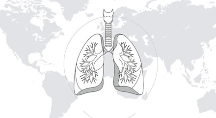 Human respiratory system illustration with lungs over a light gray world map for global health and medicine awareness.