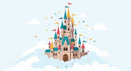 Fototapeta premium Fantasy castle floating in the sky surrounded by white clouds and golden stars for a magical kingdom illustration.