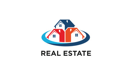 Professional real estate company logo featuring colorful house silhouettes in a circular blue badge design.