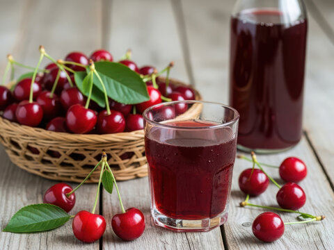 Fresh cherry juice on a rustic table