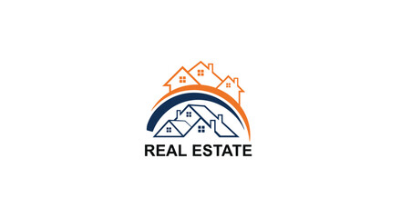 Professional real estate logo design featuring multiple house silhouettes and a semi-circular bridge element in blue and orange.