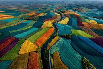 Agricultural land, fields, and roads that form geometric patterns in daylight. Generative AI