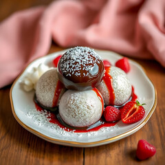 Gourmet Chocolate and Coconut Mochi Dessert with Fresh Berries,Elegant Plated Dessert with Chocolate Ganache and Strawberry Coulis