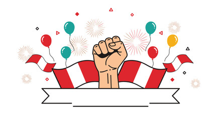 Peru independence day celebration featuring raised fist with national flags, balloons, and fireworks for victory.