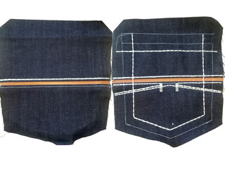 Black jeans isolated on white background, embroidery design, denim jeans,denim pocket,blank leather on jeans 