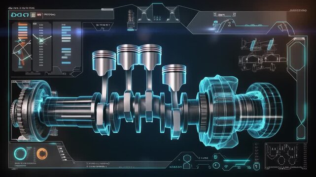 Holographic Blueprint of an Engine Crankshaft and Pistons with Digital Data Displays image photo