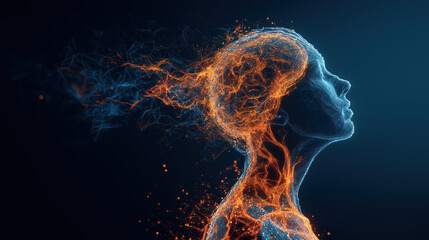 Futuristic human head with glowing brain energy