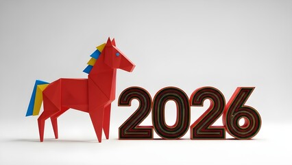 Obraz premium Vibrant low poly origami style red horse figure standing next to large stylized layered number twenty twenty six sculpture representing the upcoming new year celebration or zodiac animal theme