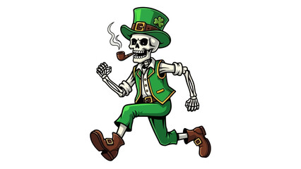 Fototapeta premium Skeleton Leprechaun Smoking Pipe Running Joyfully.