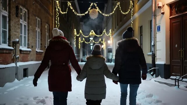 Enchanting slow motion shot from behind of family walking down city alley decorated with overhead string lights and glowing garlands, holding hands and swinging arms playfully, breath visible in cold 