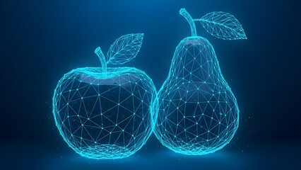 Striking visual representation of an apple and a pear rendered as glowing blue neon digital wireframe mesh objects symbolizing concepts of technology and healthy food choices.