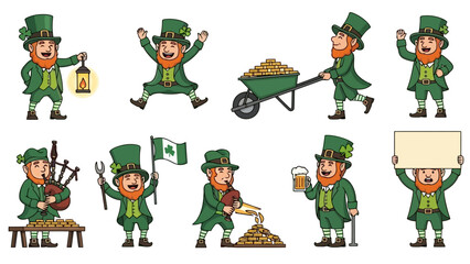 Fototapeta premium Collection of cartoon leprechauns in various festive poses.