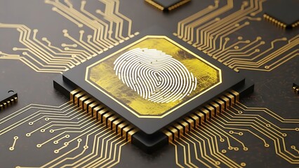 Close-up view of a microchip with a fingerprint on a circuit board