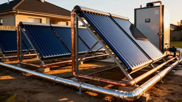 Medium shot focusing on groundmounted solar thermal collectors linked to a hydronic setup highlighting efficient renewable energy use in residential heating.