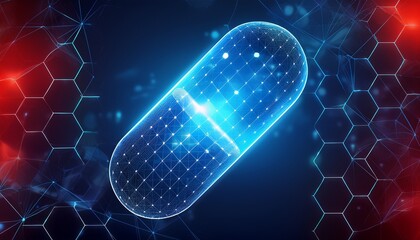 medical science technology background futuristic pill concept glowing network nodes and hexagon grid in blue and red tones