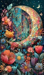 A vibrant moon design surrounded by colorful flowers.