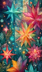 Colorful, vibrant flowers with cosmic elements in a magical landscape.