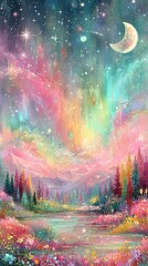 A vibrant celestial landscape with colorful mountains and stars.