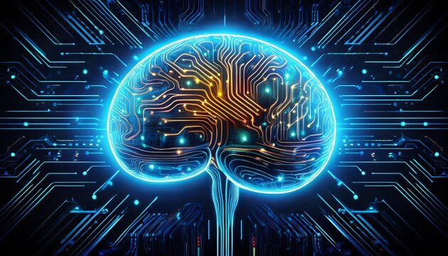 neon brain technology background glowing circuit pattern symbolizing artificial intelligence and digital network connection - Powered by Adobe