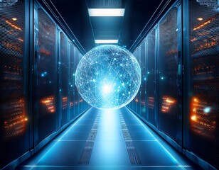 technology background glowing network sphere in data center with server racks futuristic digital connection and innovation feeling